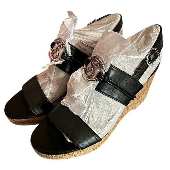 NIB Sam and Libby Chandler Cork Wedge Sandal Black Size 10 Platform Faux Leather - Picture 13 of 14